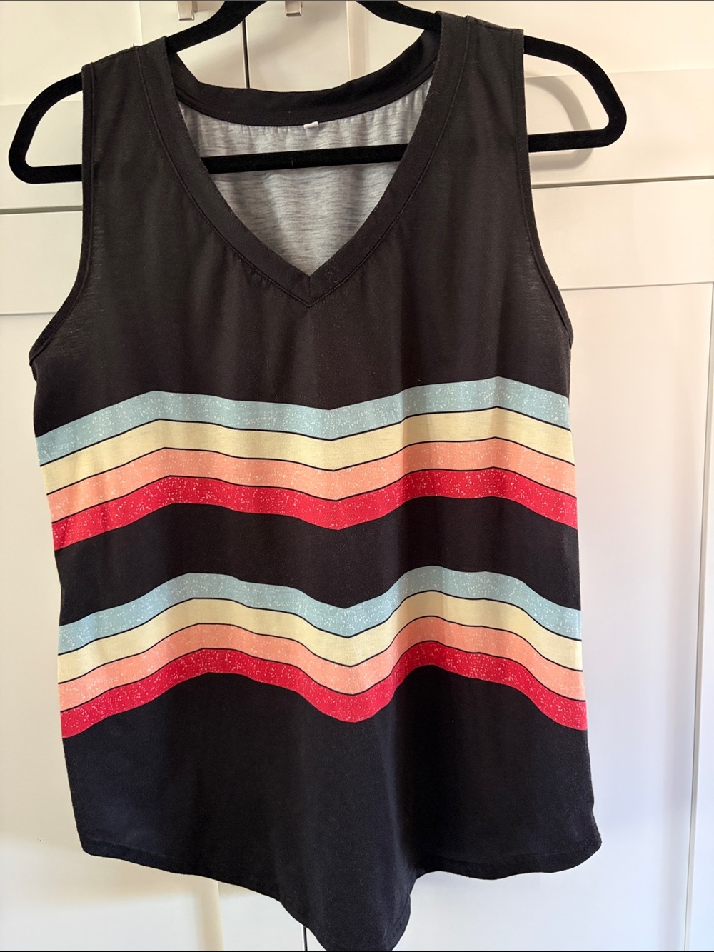 Black V-Neck Tank Top with Multi-Color Stripes